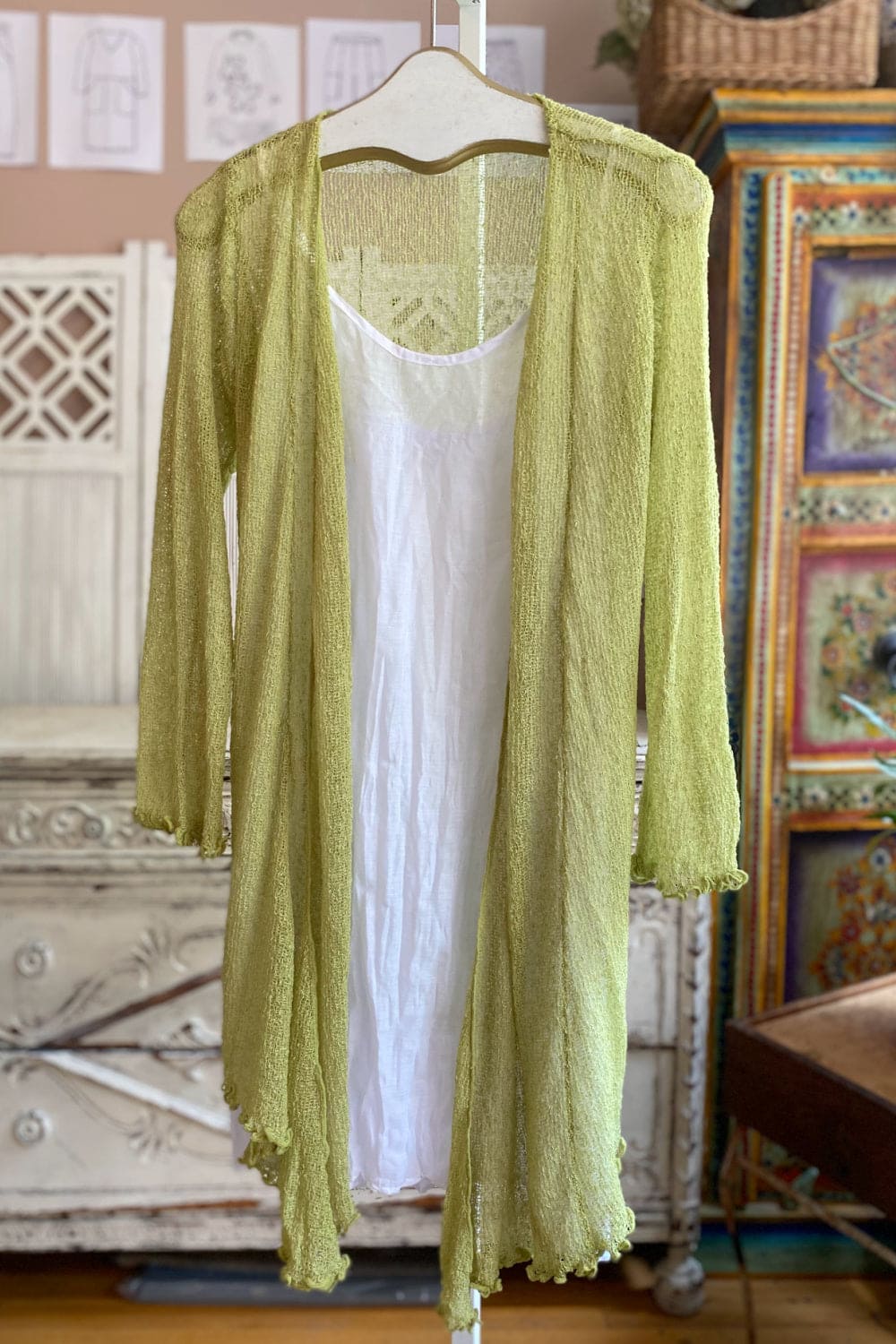 Loose knit long sleeve soft green knit duster