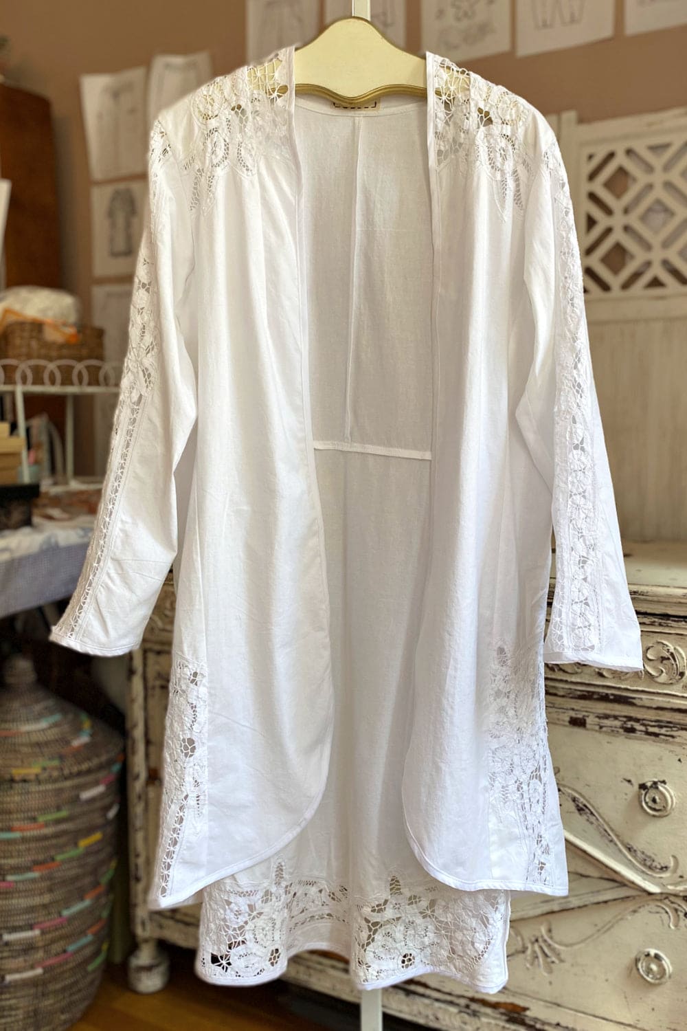 Vintage tablecloth open front white jacket.