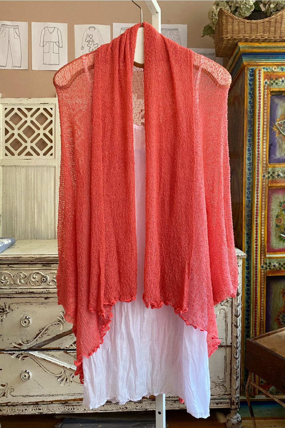 Pretty coral red loose fit sheer women's sweater.