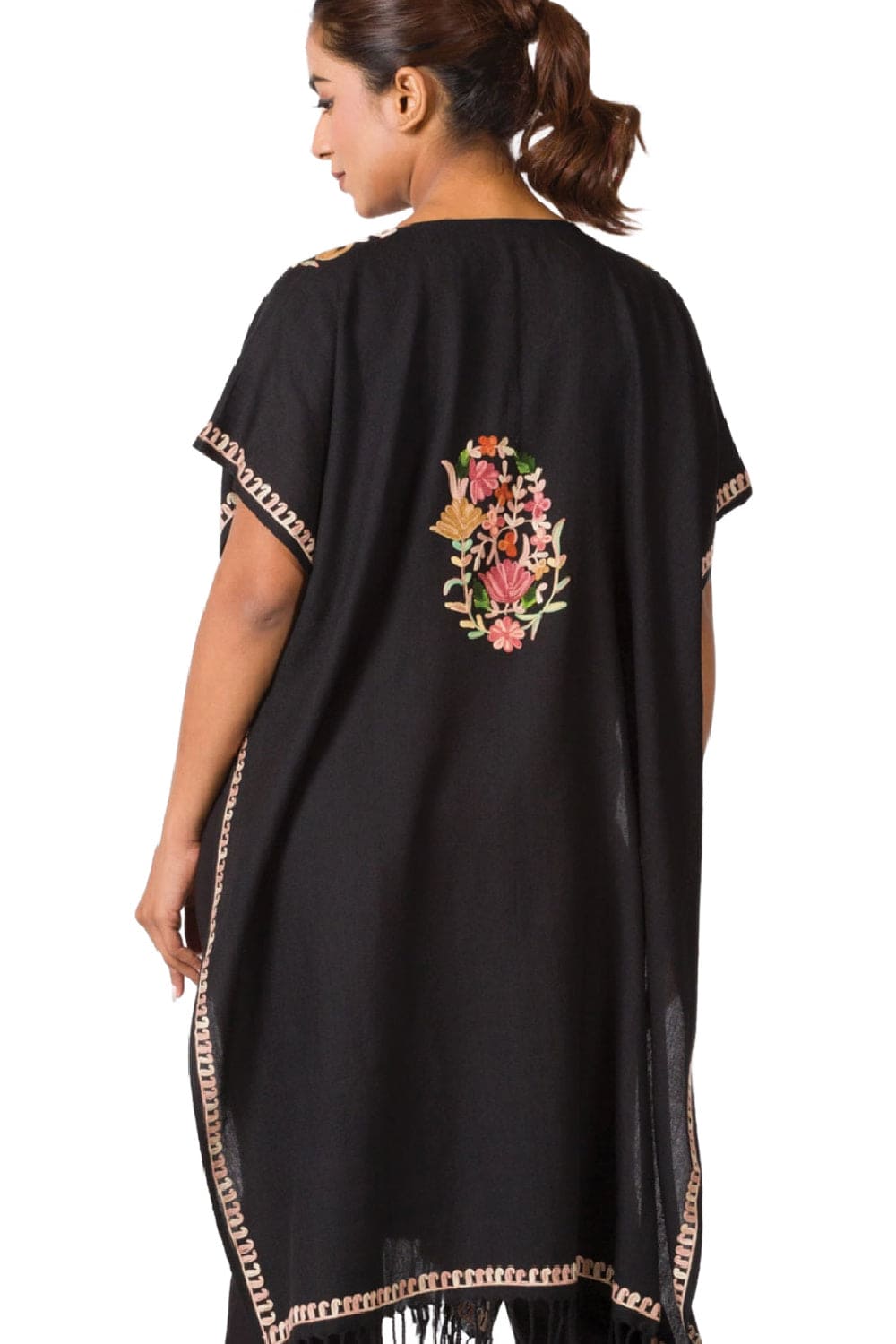 Women's Caftan back view with embroidery.