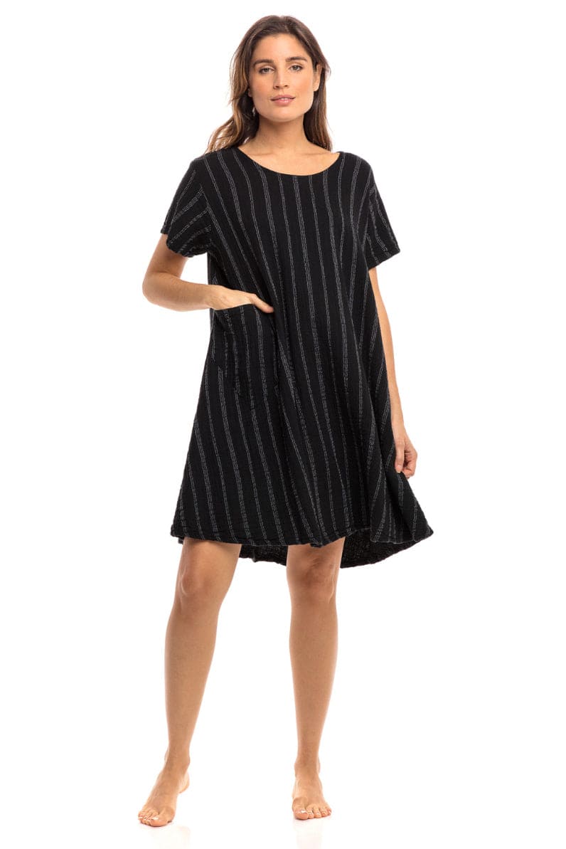 Black with stripes aline cotton dress.