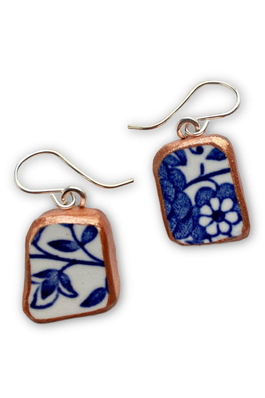 Blue floral china plate earrings