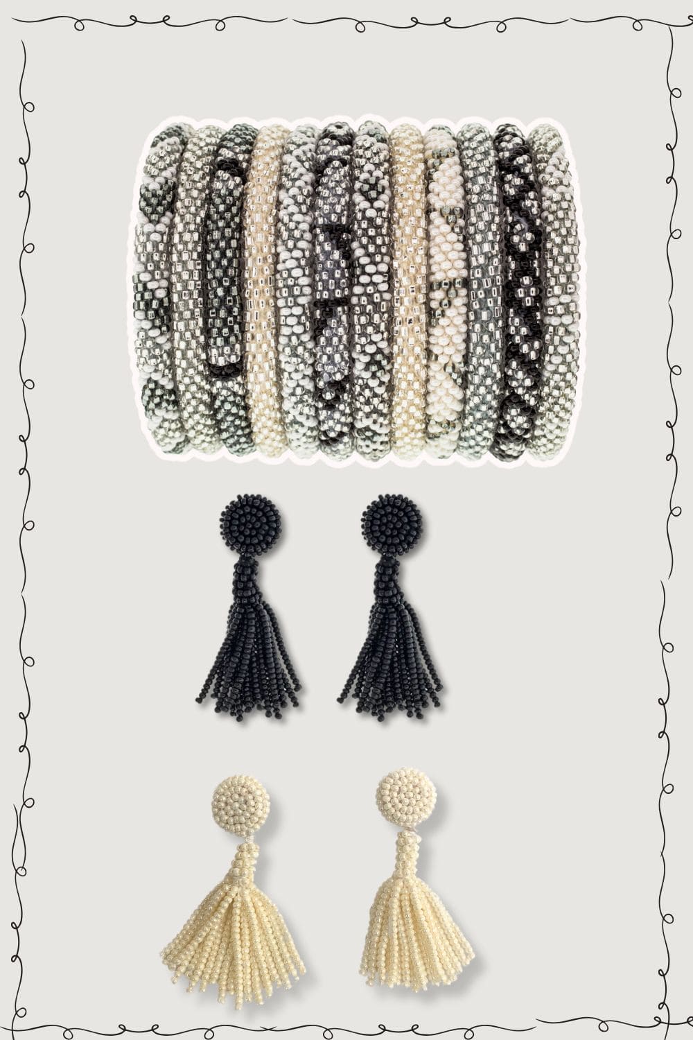 Seed bead black and off white tassel earrings with bracelets.