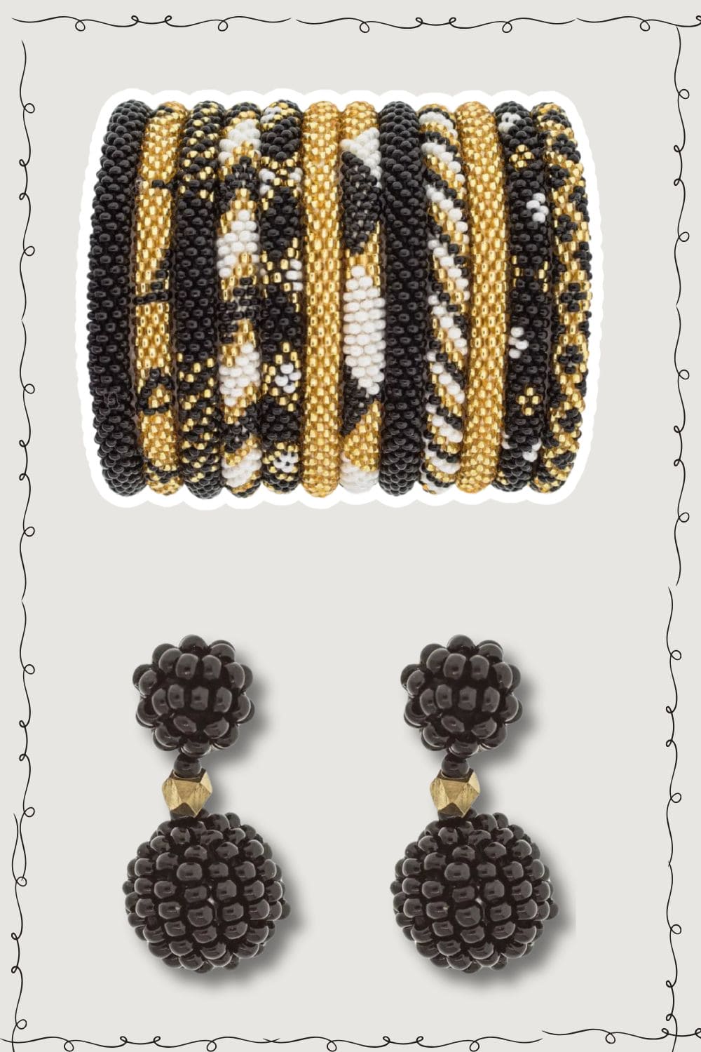 Seed bead bracelets and ball earrings.