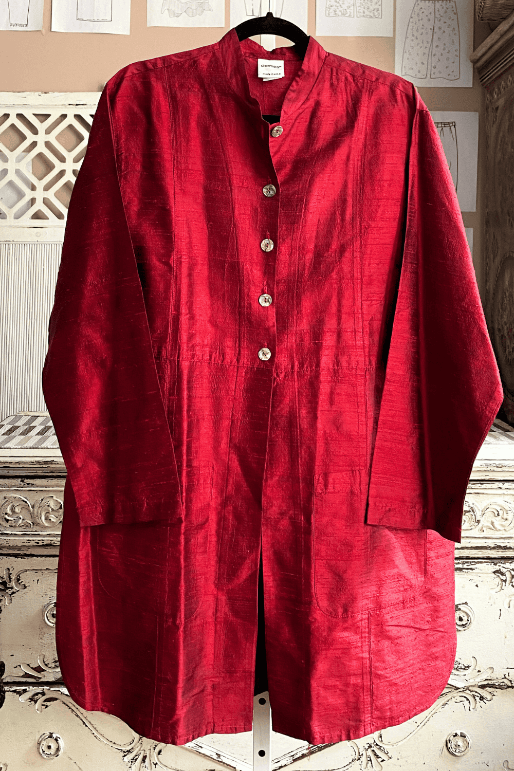 Cranberry Silk Jacket with stand up collar.