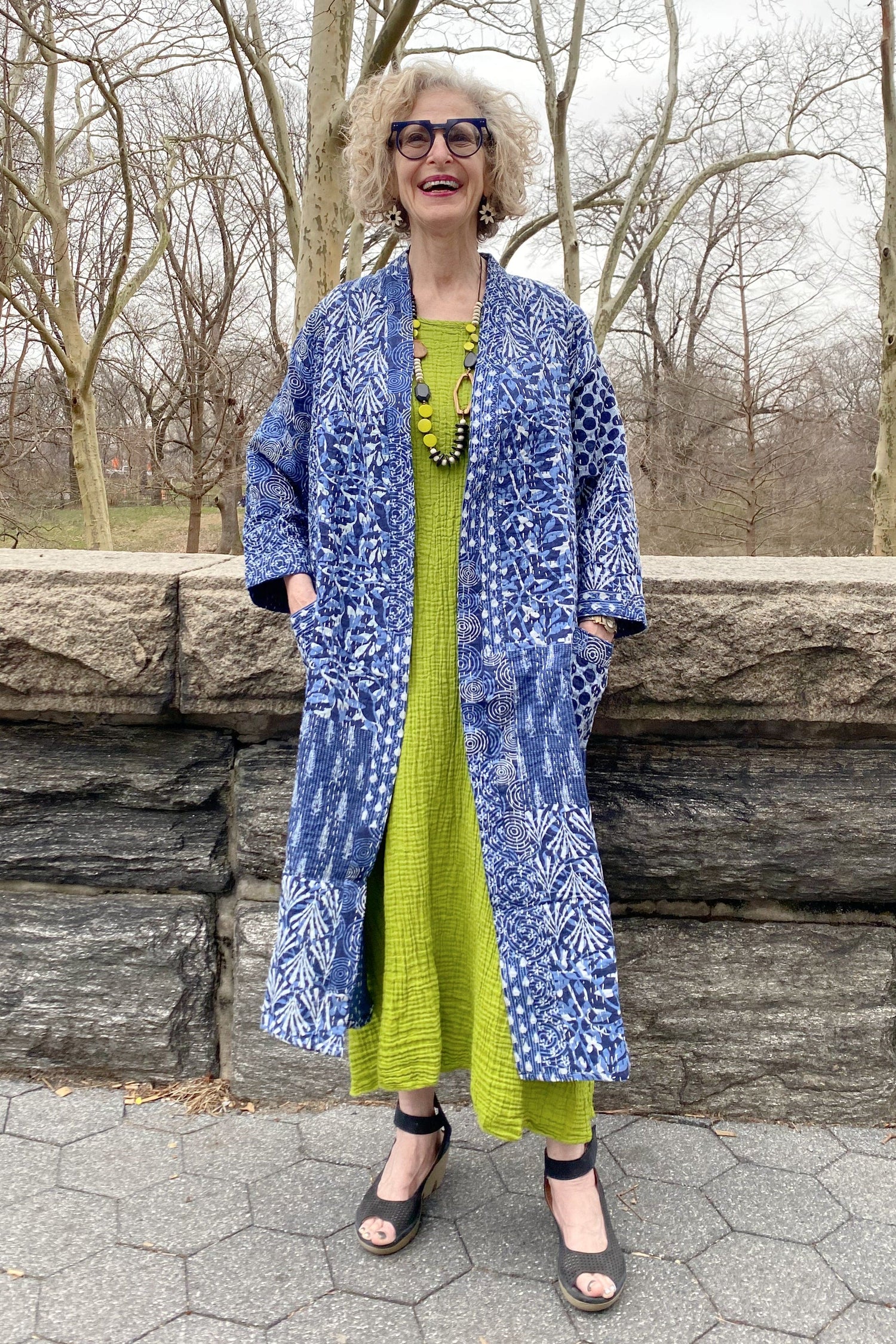 Long Kantha Jacket Blue Print