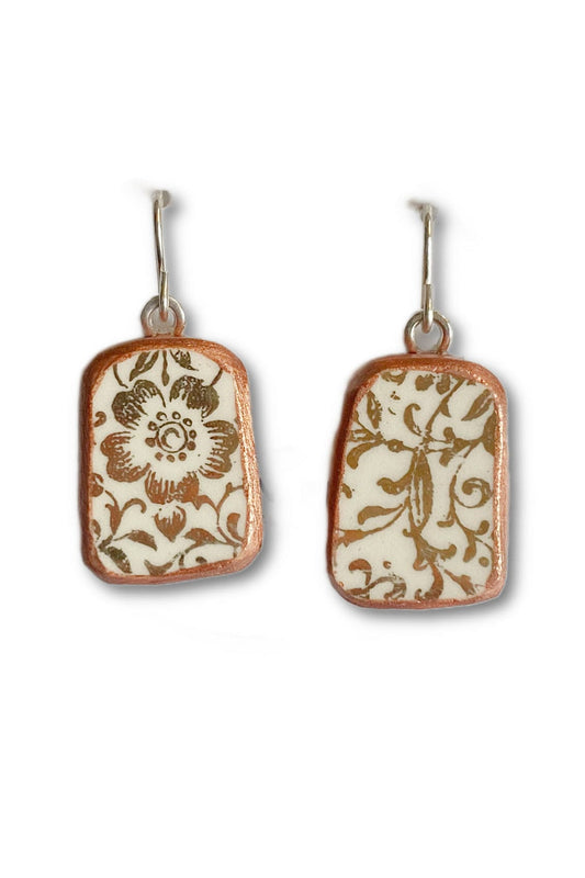 Gold Floral recycled china plate earrings.