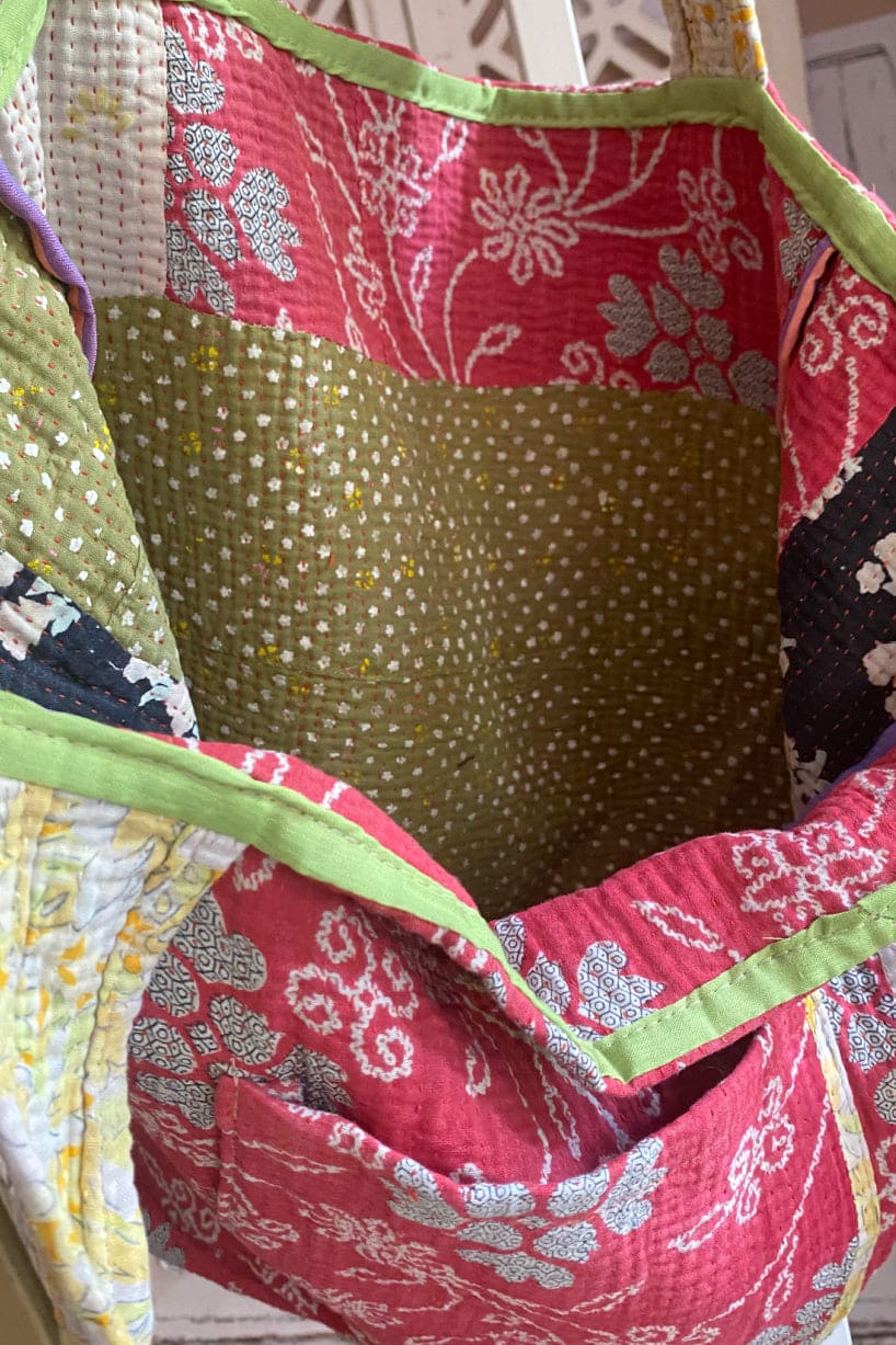 Interior of Rosey Red Kantha medium tote bag.