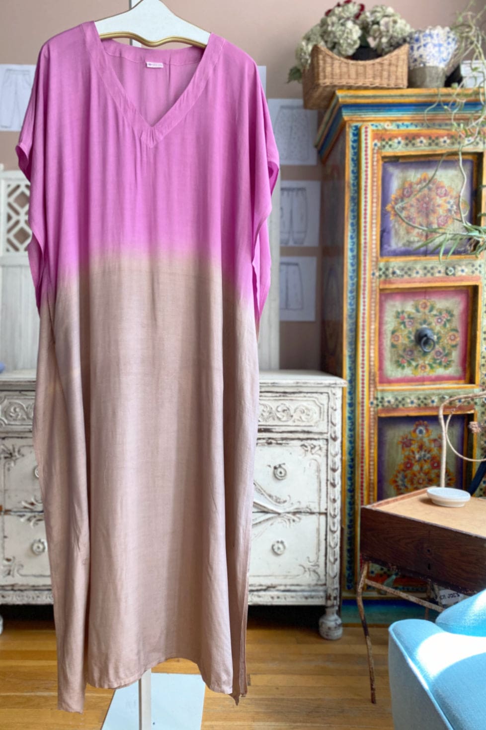 Pink and beige ombre women's Caftan with an open v neckline.