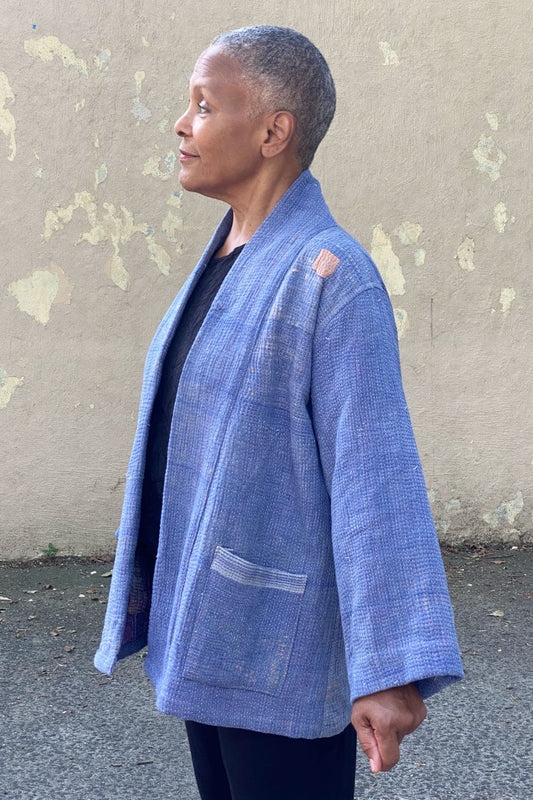 Lavender Kantha Cotton Jacket with front pockets.