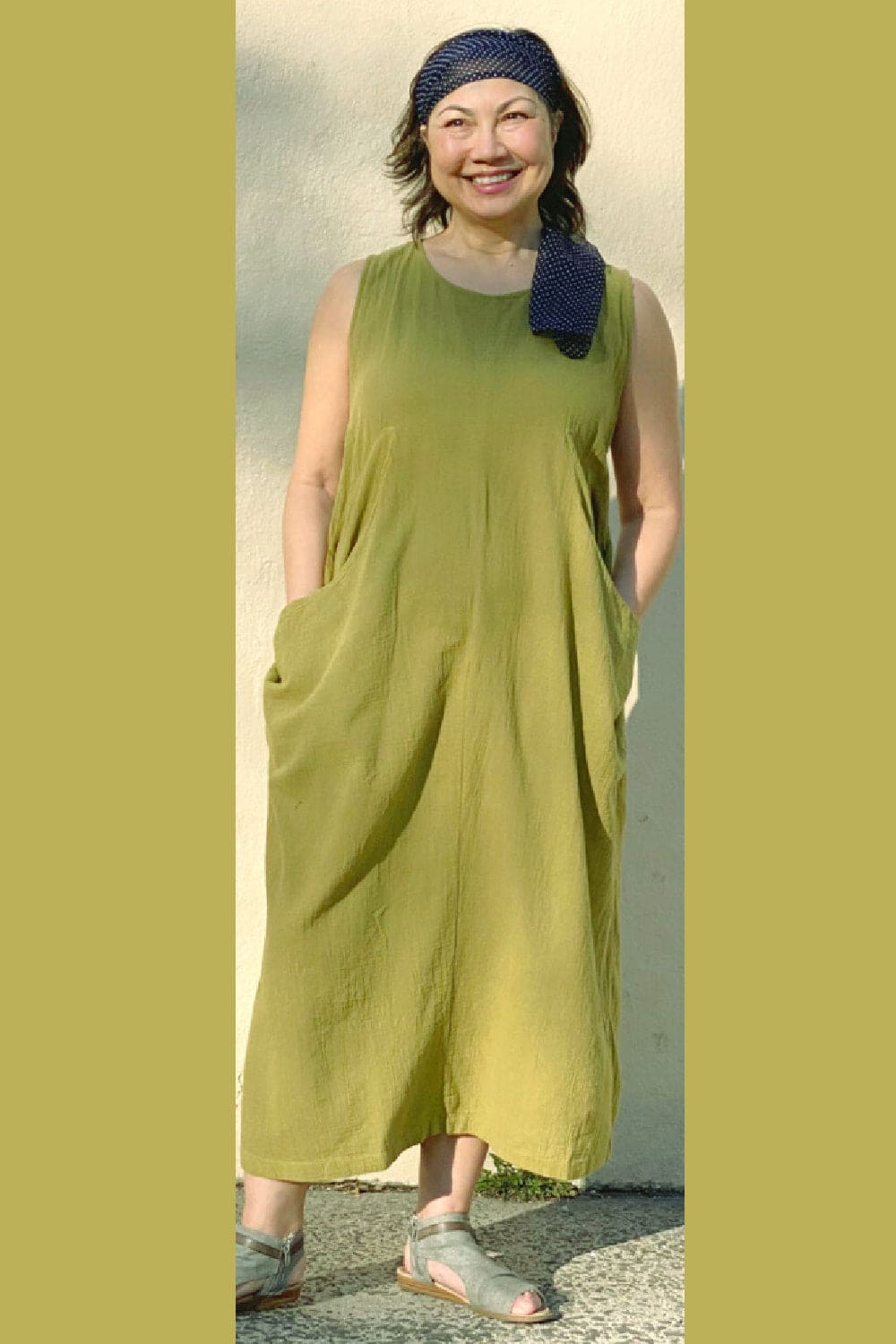 Leaf green two pocket cotton long tank dress
