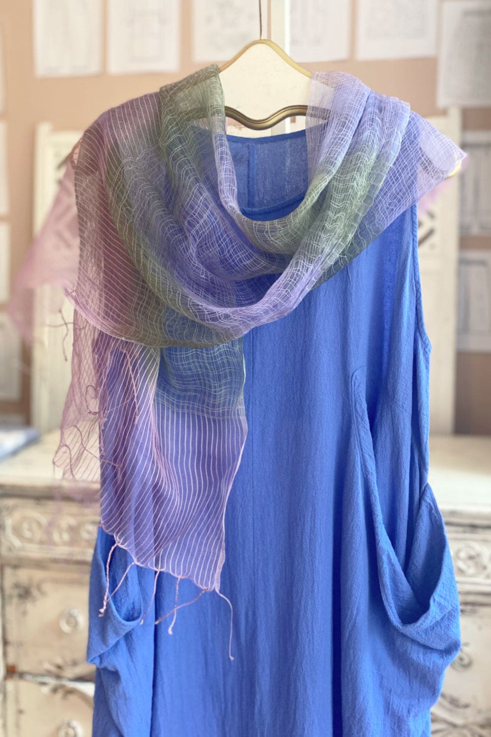 Blue lavender and green sheer silk scarf.