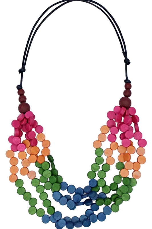 Colorful wooden bead necklace with an adjustable black cord.